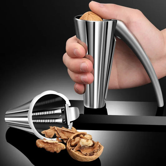 Zinc alloy pecan nut cracker with frosted grips, silver, cracking a walnut; durable kitchen gadget.
