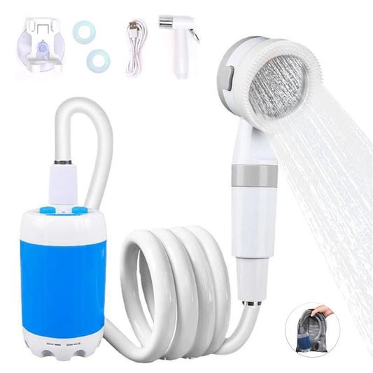 Portable electric camping shower with rechargeable 5000mAh battery, adjustable flow settings, waterproof design, ideal for outdoor activities.