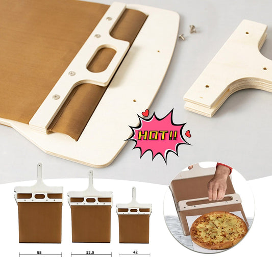Sliding pizza peel with wooden handle, available in three sizes, for efficient pizza transfer and kitchen storage.