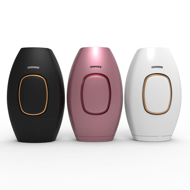 Home laser hair removal device in black, pink, and white colors.