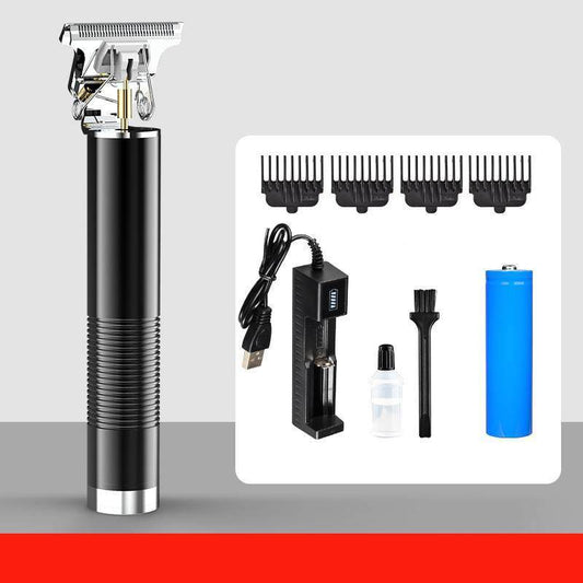 Home electric Barber kit with clippers, charger, and attachments.