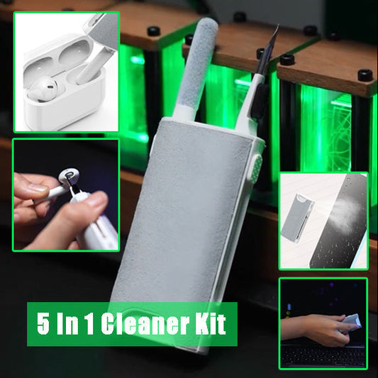 5 In 1 screen cleaner kit with headphone brush and pen for electronics cleaning.
