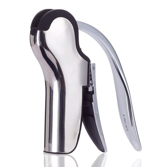 Stainless steel home wine corkscrew with a smooth surface and lever pull design.
