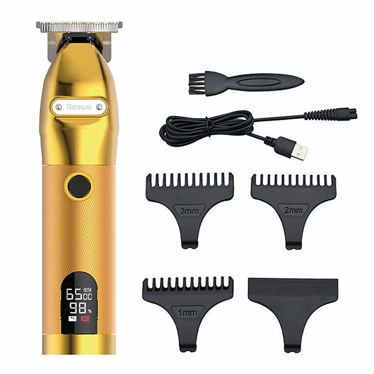Home hair clipper with LCD display, USB charging cable, comb attachments, and cleaning brush.
