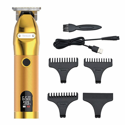 Home hair clipper with LCD display, USB charging cable, comb attachments, and cleaning brush.