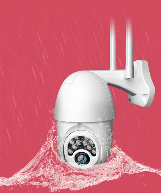 Waterproof dome mobile home surveillance camera with IP66 rating, shown in use under rainfall conditions.
