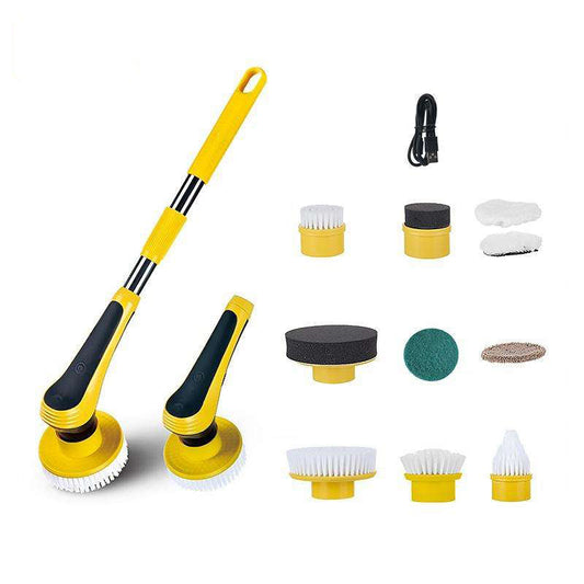 Electric Spin Scrubber with yellow handle and multiple brush heads for versatile cleaning.