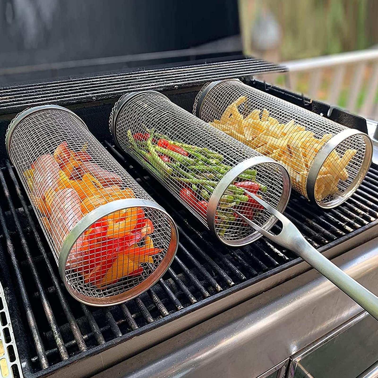 Rolling Grilling Metal Basket --- The BBQ Barbecue Basket Net Portable