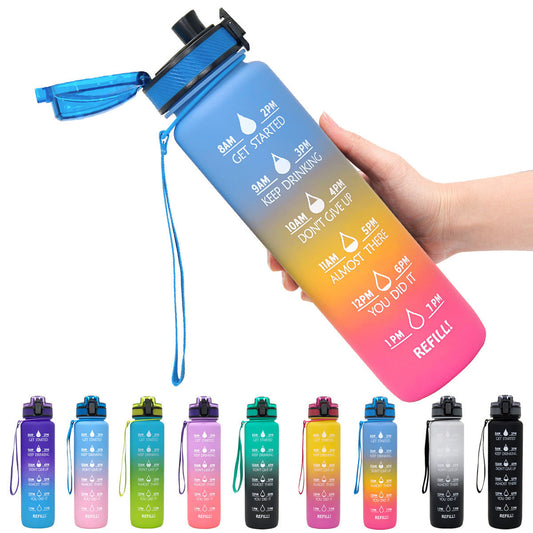 1L Tritan water bottle with time markers and bounce cover, motivational design, available in multiple gradient colors for sports and fitness.