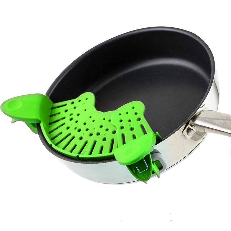 Universal Silicone Clip-on Pan Pot Strainer - Space Saving & Durable .
