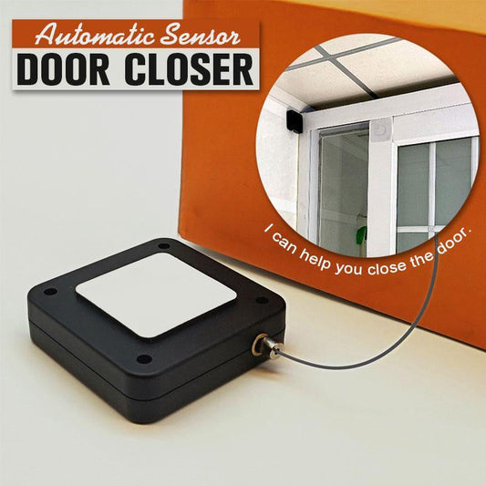 Automatic door closer for sliding and glass doors, black tension device with easy installation.