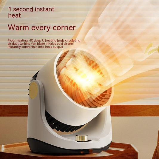 Warm air blower on desk quickly releasing heat for office and home use.