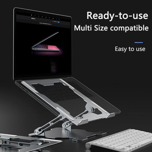 Adjustable aluminum laptop stand with ergonomic design, compatible with devices up to 15 inches.