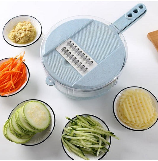 8 in 1 mandoline slicer with grater, surrounded by sliced vegetables and grated ginger, showcasing versatile kitchen accessories.