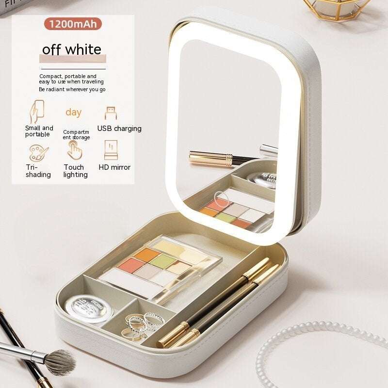 Makeup Storage Box With LED Light Mirror Portable Organizer adjustable
