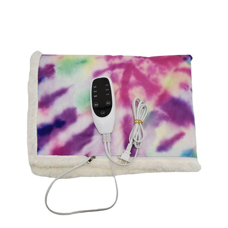 Corduroy home heating blanket with vibrant print and single control switch.