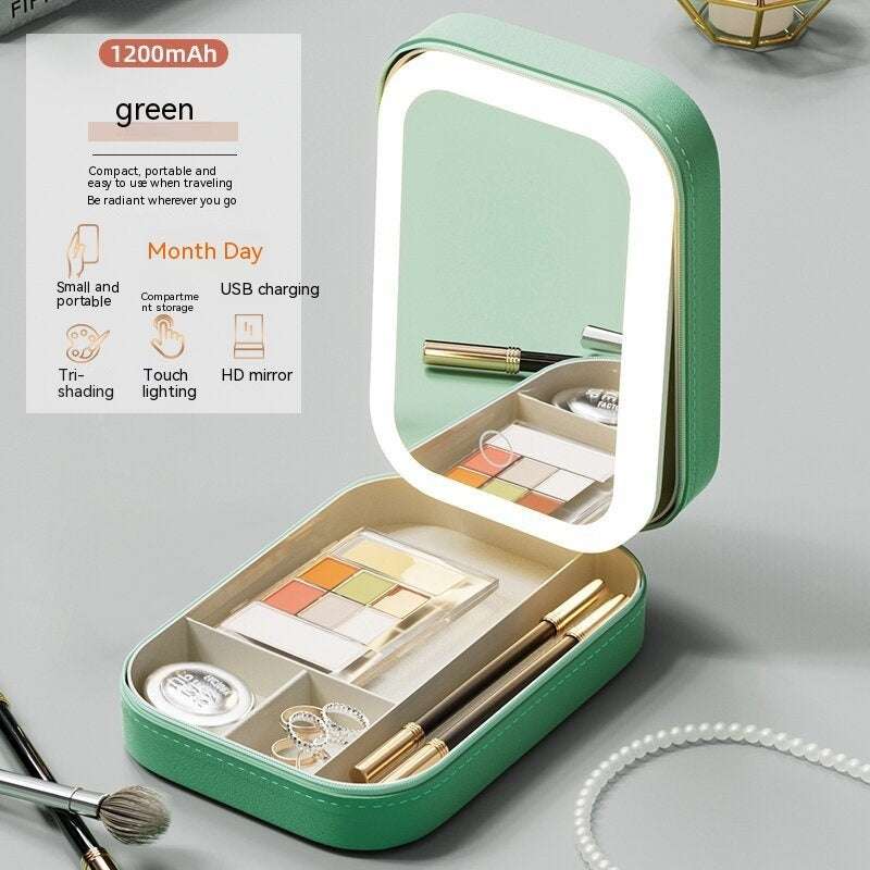 Makeup Storage Box With LED Light Mirror Portable Organizer adjustable