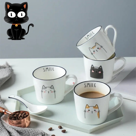 Breakfast ceramic milk coffee cup with cartoon cat pattern, stylish design, high quality, no lid, includes spoon.