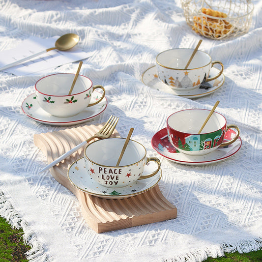 Ins Christmas Ceramic Cup Set with festive designs, featuring porcelain cups and saucers in various Christmas-themed colors.