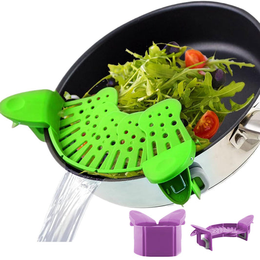 Universal Silicone Clip-on Pan Pot Strainer in use, clipping onto a pan, straining vegetables with water draining.