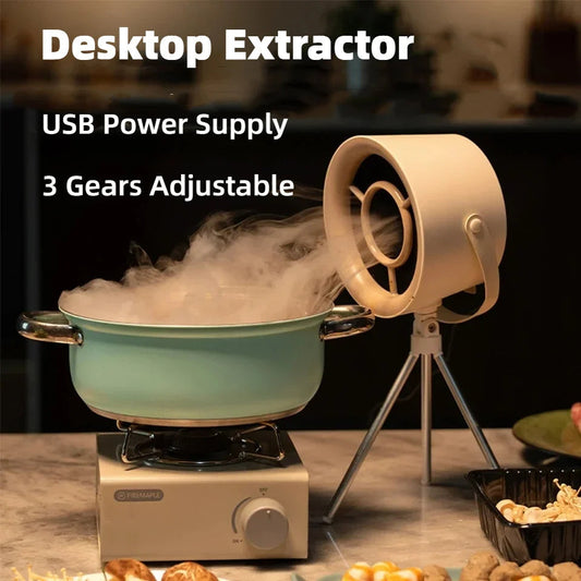Portable desktop exhaust fan with USB power supply and three adjustable speeds for kitchen use.