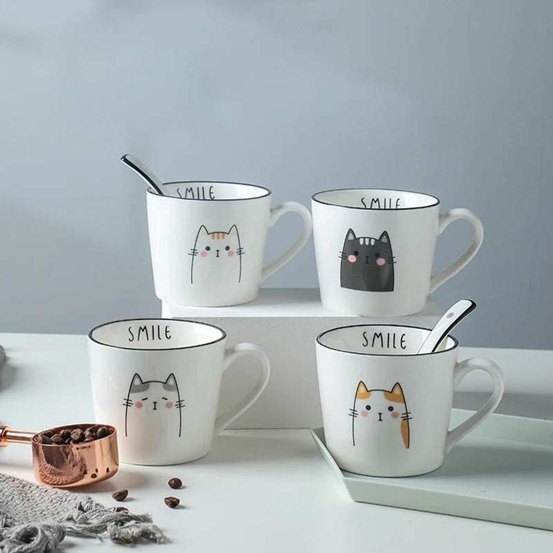 Breakfast Ceramic Milk Coffee Cup -  with Creative Cat Pattern Design 