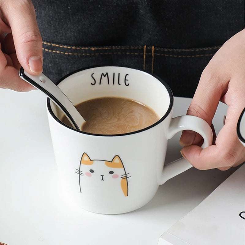 Breakfast Ceramic Milk Coffee Cup -  with Creative Cat Pattern Design 