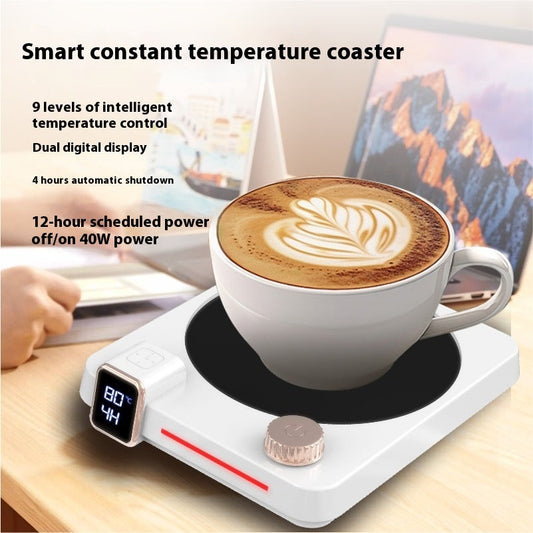 Instant Hot Timing Thermal Cup Pad with coffee cup, showcasing constant temperature control and digital display.