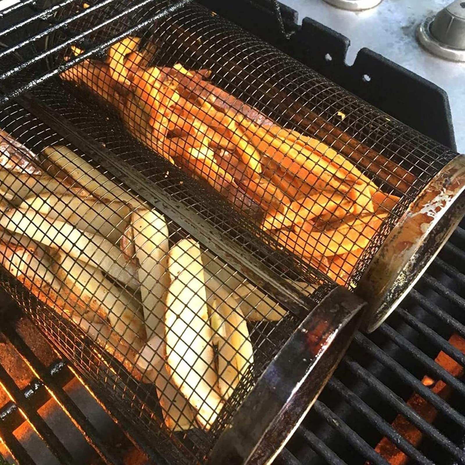 Rolling Grilling Metal Basket --- The BBQ Barbecue Basket Net Portable