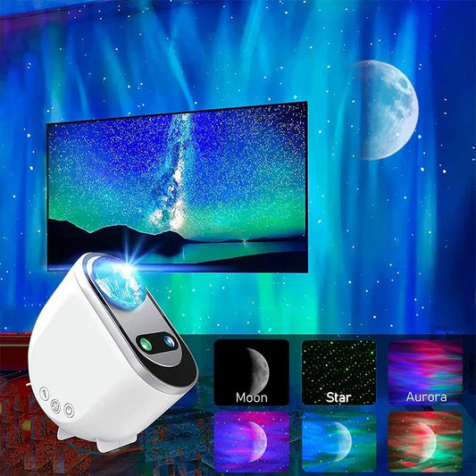 Aurora Borealis Starlight Projector displaying moon, stars, and colorful Northern Lights in a bedroom setting.