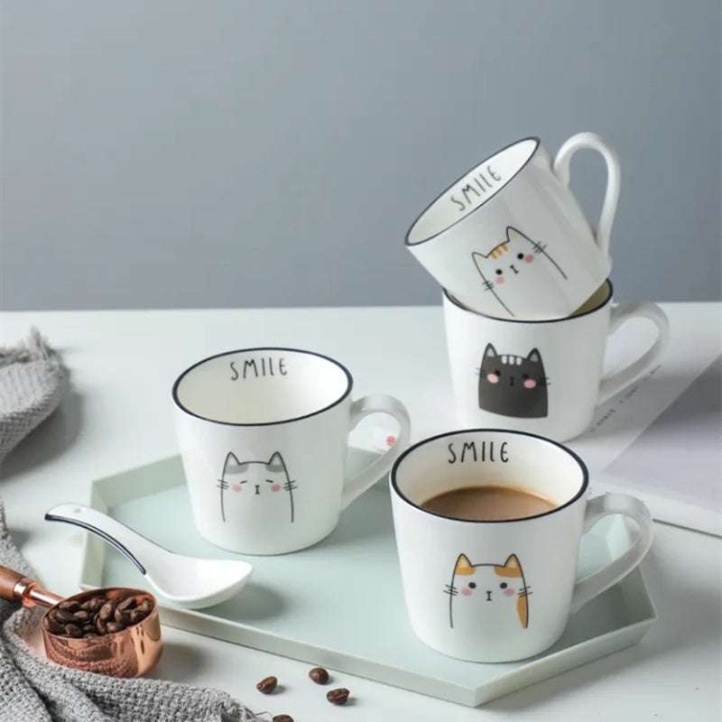 Breakfast Ceramic Milk Coffee Cup -  with Creative Cat Pattern Design 