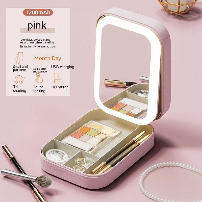 Makeup Storage Box With LED Light Mirror Portable Organizer adjustable